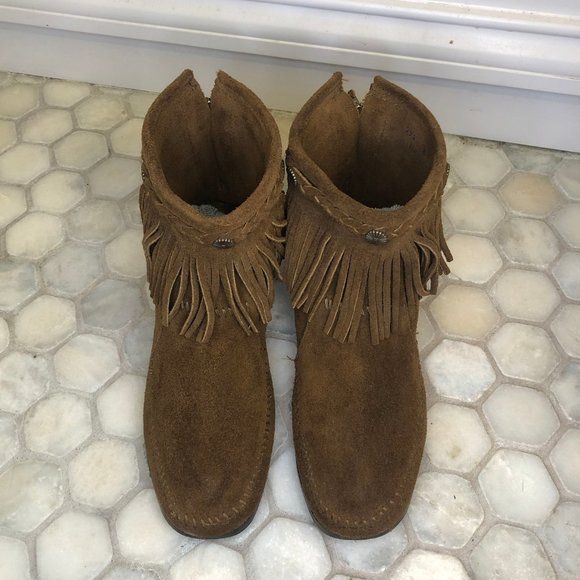 Minnetonka Cognac Fringe Ankle Boots - Picture 3 of 5
